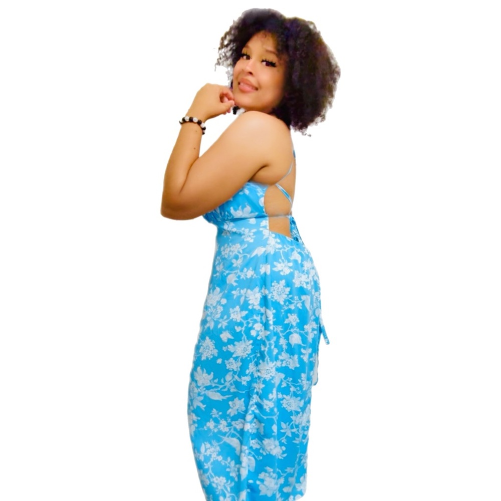 ABERCROMBIE AND FITCH Blue Floral Ruched Satin Midi Dress Size XL